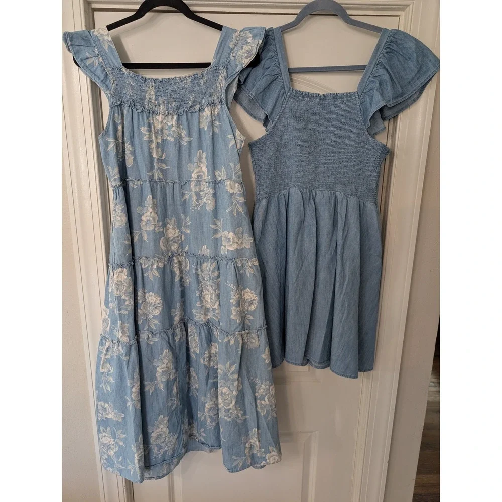 Old Navy Womens Chambray‎ Dress Bundle Floral Midi & Solid Smocked mini lot of 2 - Picture 11 of 11